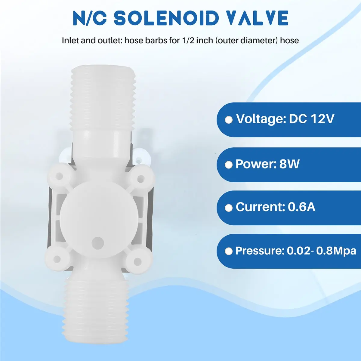 

Электромагнитный клапан BABQ 12В, 1/2 дюйма, пластиковый, нормально закрытый (N/C), для воды и воздуха