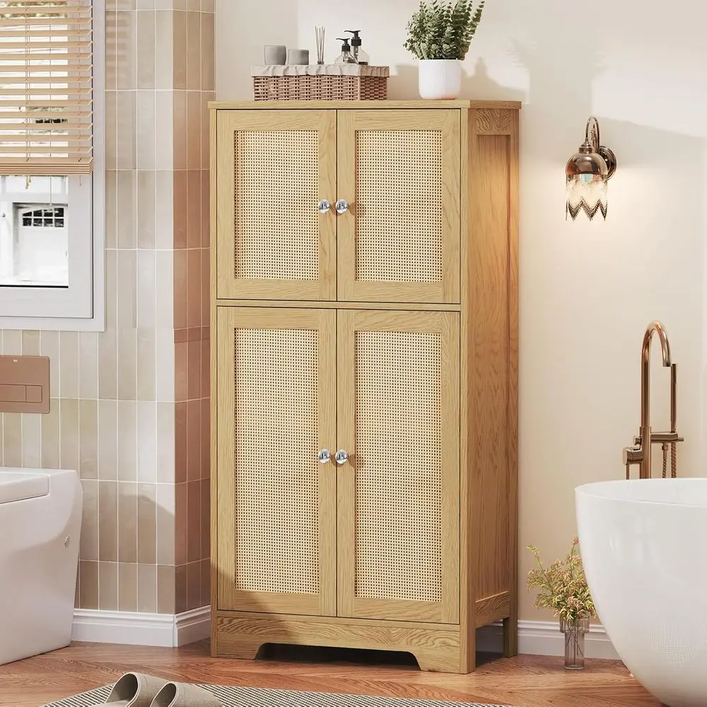 Rattan-Aufbewahrungsschrank mit 2 verstellbaren Regalen und 4 Türen, geeignet für Badezimmer, Wohnzimmer, Eingangsbereich, Küche und Zuhause