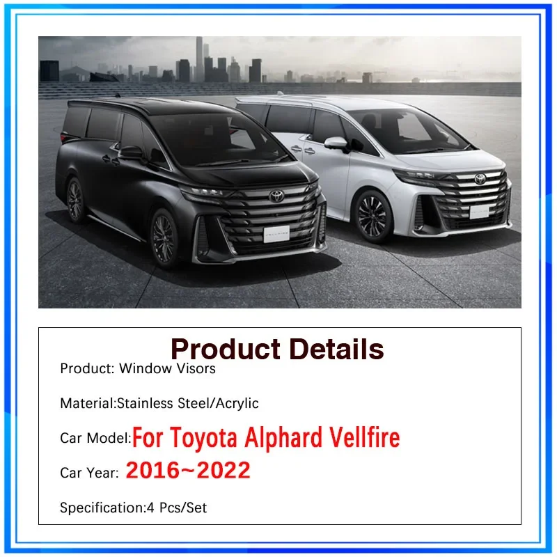 For Toyota Alphard Vellfire AH30 30 2016~2022 Car Window Sun Rain Visors Deflectors Shelters Weathershields Set Auto Accessories