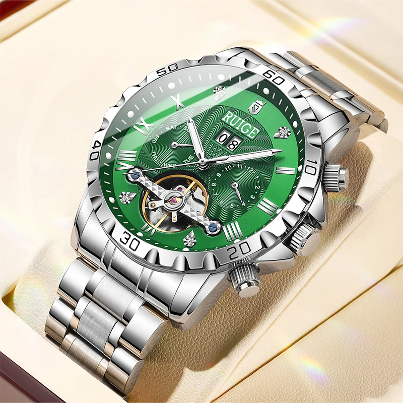 RUIGE multifunktionale vollautomatische mechanische Uhr Herren hohl Edelstahl Luxusuhr Nachtlicht wasserdicht Trend wa 5