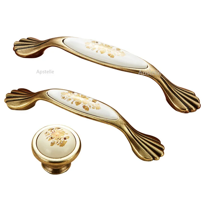 Handle Furniture  WHite Ceramics Golden Flower  Kitchen  Door Pulls Drawer Drawer Fashion Handles Wardrobe Knobs Cabinet Pulls