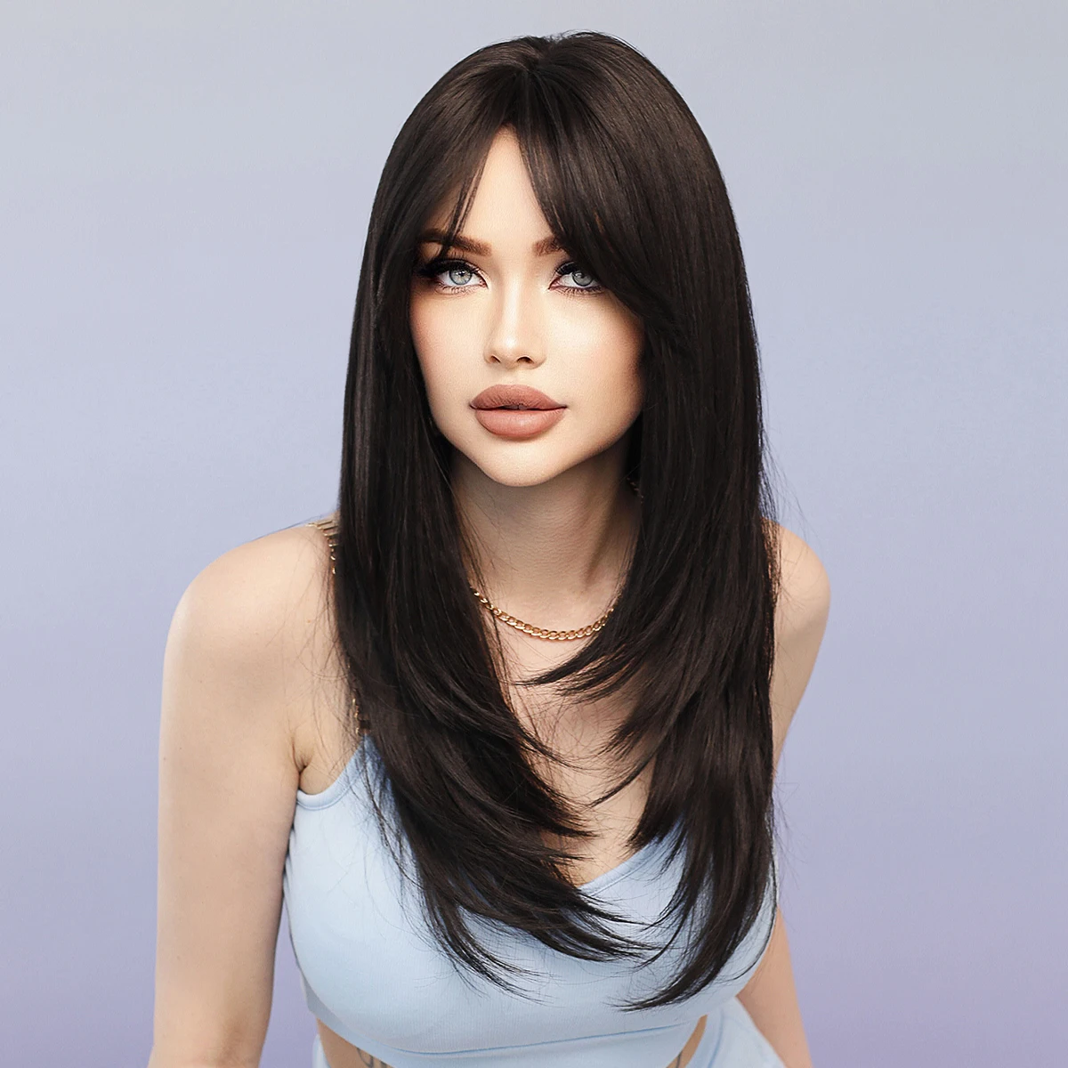 

7JHH WIGS Long Straight Dark Brown Wigs for Women Daily Use Middle Part Layered High Density Wigs with Curtain Bangs Synthetic