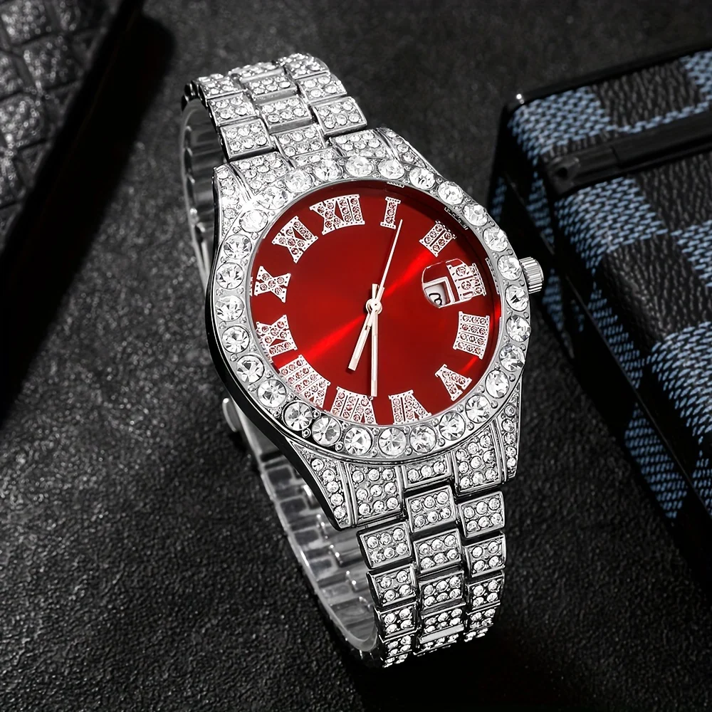 4Pcs/Set Personalized Handsome Hip Hop Men's Quartz Watch Set, 1Pcs Watch+3Pcs Jewelry Set, Fashionable Men's Selected Watch Set