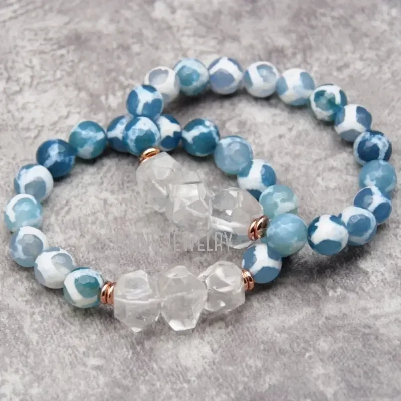 10pcs Healing Crystal Clear Quartz Nugget Women Blue Giraffe Agate Bead Bracelet Friend Boho Layering Jewelry Hippie Gift