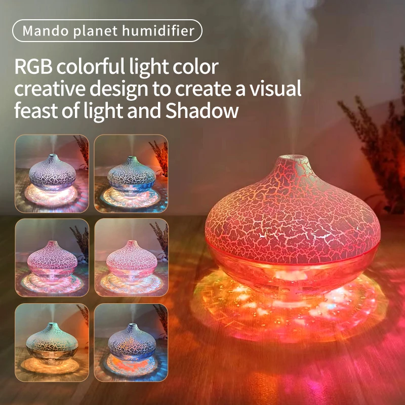2025 New Cross-Border Hot Desktop Humidifier Crystal Crack Ball Shape with 7-Color Running Atmosphere Light Quiet Spray for Home