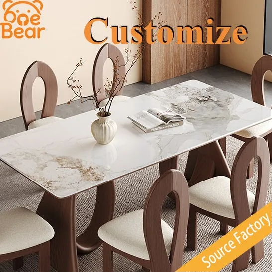Minimal Sintered Stone Dining Table Sets 6 Seater Rectangular Solid Wood Frame Restaurant Kitchen Dinner Chairs Dining Furniture