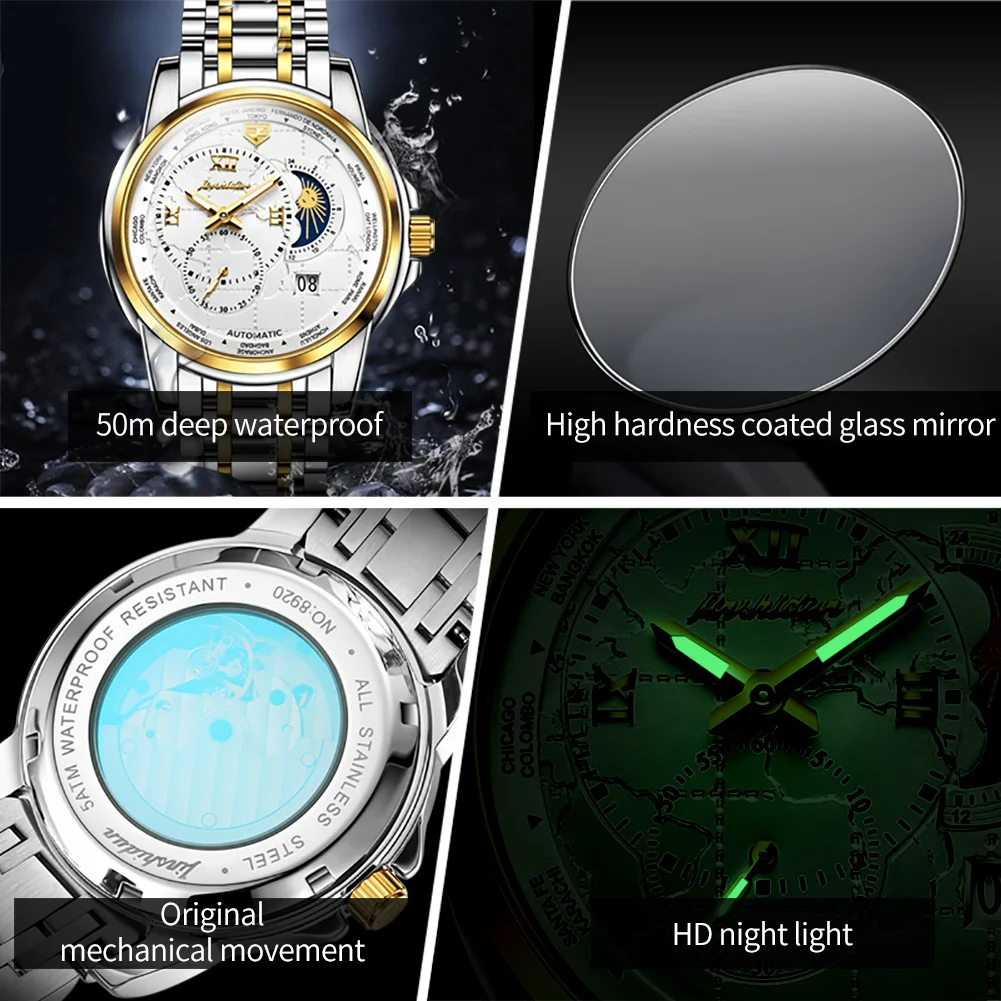ساعة ميكانيكية أوتوماتيكية فاخرة للرجال JSDUN ، متعددة الوظائف ، مرحلة القمر ، مقاومة للماء من الفولاذ المقاوم للصدأ ، التاريخ ،