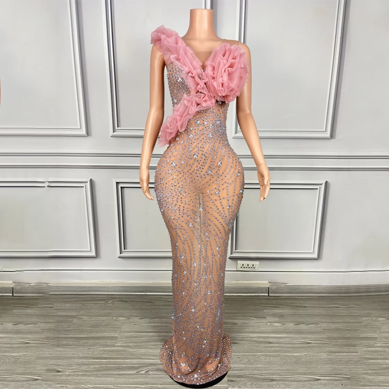 Women'S Party Celebrate Dress Gown Full Rhinestones Pink Mesh Evening Costume Stage Catwalk Outfit Performance Wear XS8235