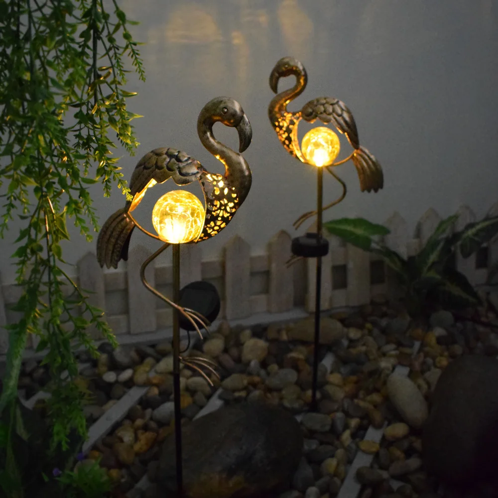 Solar Outdoor Iron Art Garden Lamp Waterproof Villa LED Burner Decoration Flamingo Ground Insert Wind Chime Lawn Landscape Light