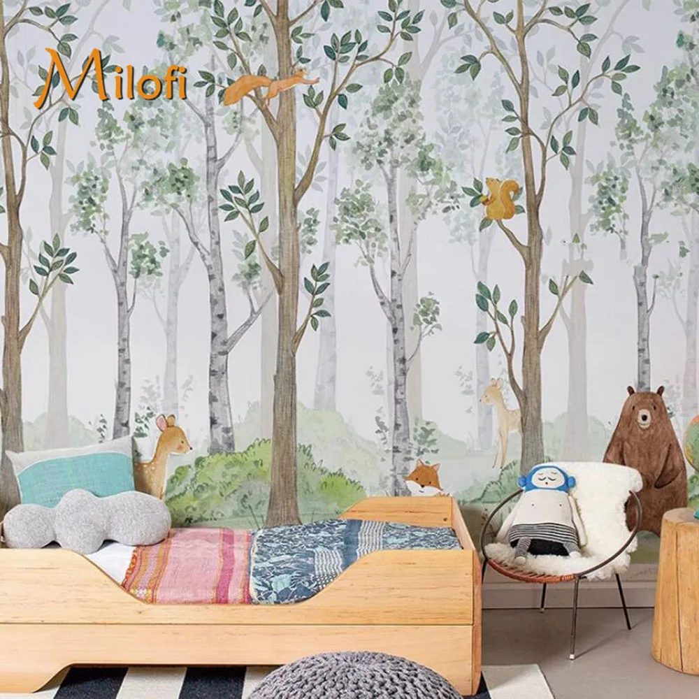 Milofi Customized Forest Children's Room Background Wallpaper, Watercolor Wallpaper, Mural, Boys and Girls' Bedroom Home Decorat