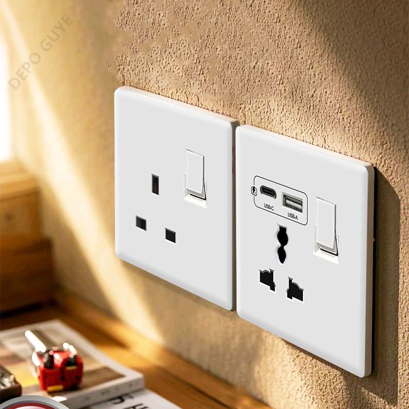 

Universal 18W Type-C Fast Charging Dual 3pin Power Outlet,White Ultra-Thin Wall light Switch Panel,Uk 13A USB Electrical Socket
