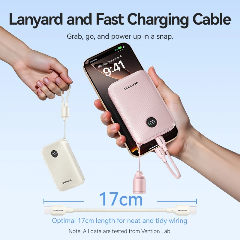 Vention Power Bank 10000mAh 22.5W PD Power Charging with Built-in USB Type-C Cable for iPhone 15/Huawei, Ultra-Portable Charger