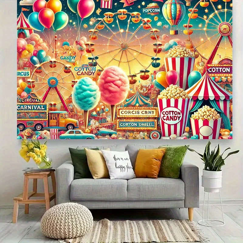 Huge Carnival Wall Tapestry Mural Pop Art Retro Circus Candy Shop Fair Background Decoration for Kids Room Party Decor Print