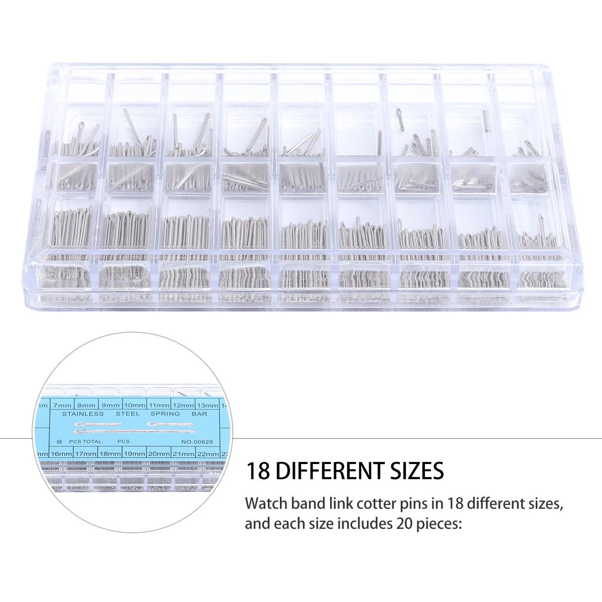 

360pcs Watch Band Spring Bars Pins 18 Sizes 6mm-23mm Stainless Steel Repair Tool Silver Color Strap Link Remover