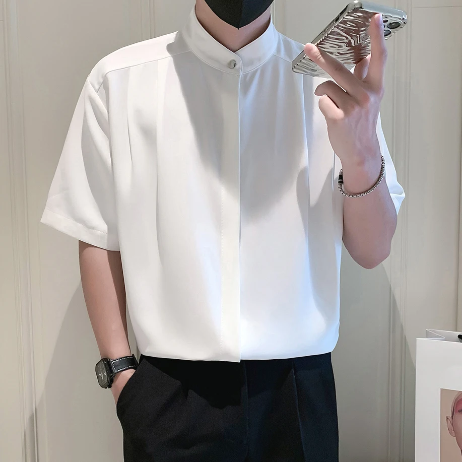 

Light Mature Sle Men's Ice Silk Chiffon irt Loose ort Sve Stand Collar Design Sensation k Button Pure Color Sprin...