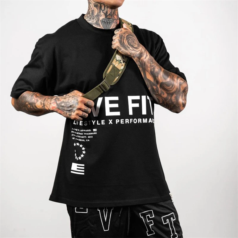 NEW PREMIUM Men Gym Cotton T shirt Loose Running Sports Oversized T-shirt Bodybuilding Fitness Tops Streetwear Workout Tees