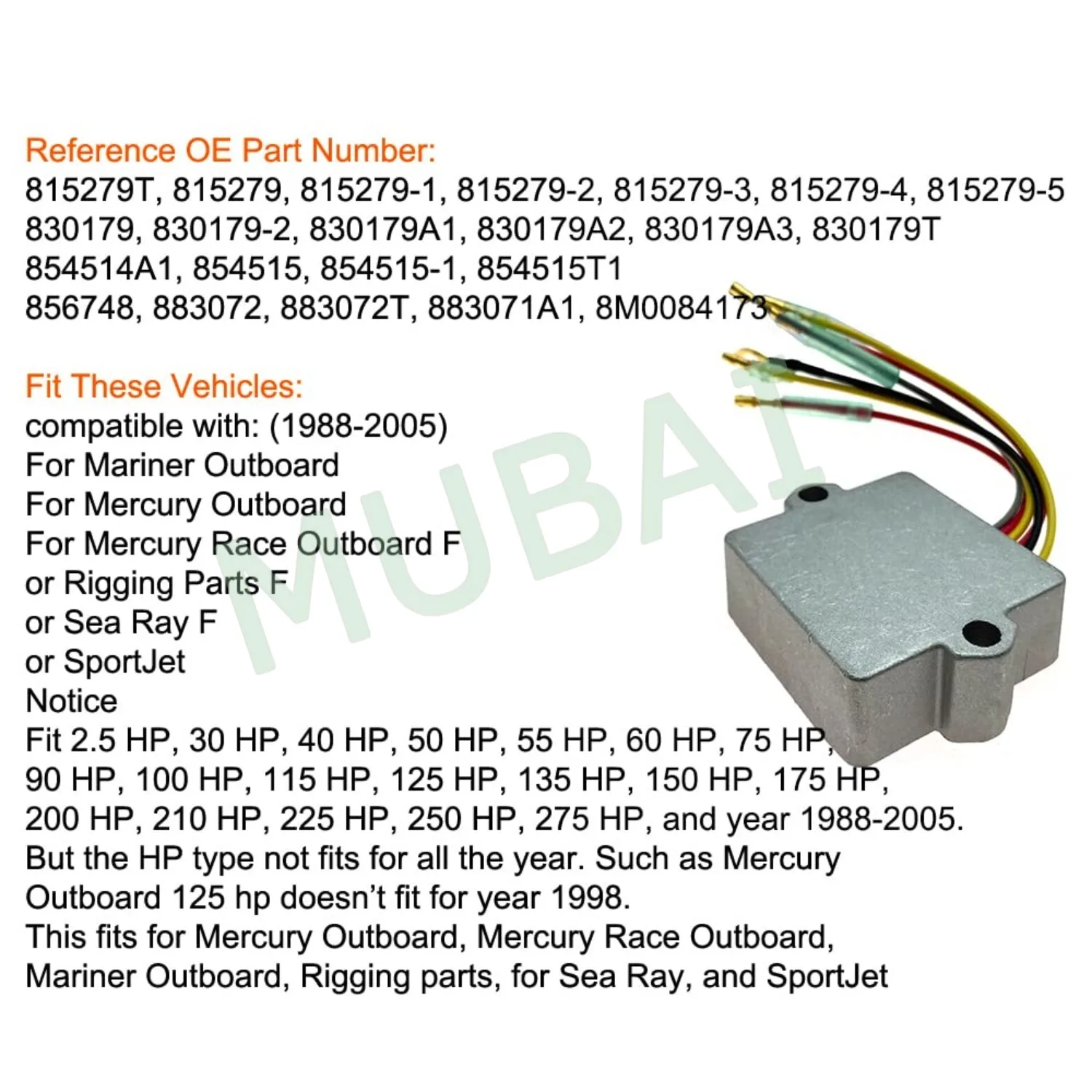 Voltage Regulator Rectifier for Mariner Mercury Outboard OE# 815279T 815279 815279-1 815279-2 815279-3 815279-4 815279-5 830179