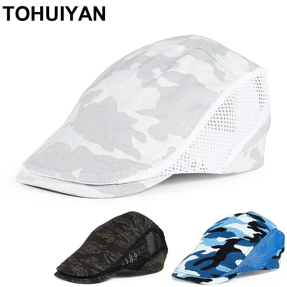 New Camouflage Cotton Newsboy Cap For Men Summer Breathable Mesh Cabbie Hat Outdoor Sports Flat Caps Womens Boinas Berets Hats