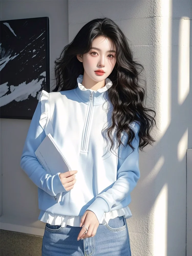 

Faionable Blue Polka Dot Sweatirt irt Women's Unique Beautiful Wood ain Splicing Design Spring New Arrival