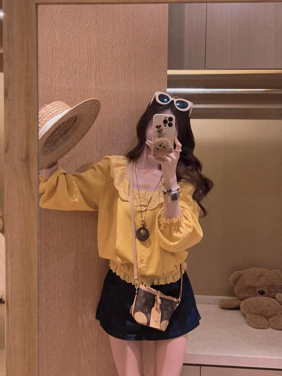 

Женская льняная рубашка Yukiss с вышитым воротником, длинными рукавами, двумя вариантами ношения, плиссированная, укороченная, комфортная посадка, весна-лето