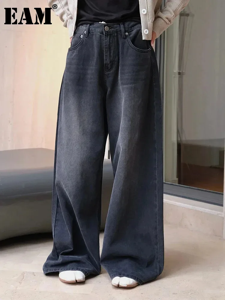 [EAM] High Waist Black Denim Vintage Long Casual Wide Leg Jeans New Women Trousers Fashion Tide Spring Autumn 2025 1DH6404