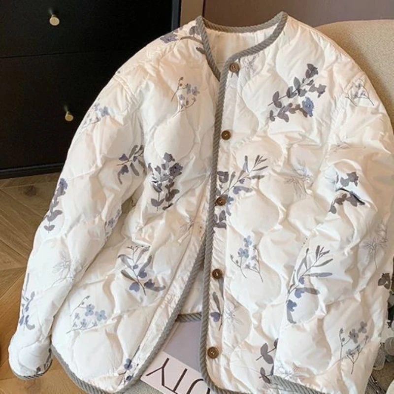 Corduroy Edging Padded Cotton Winter Coat for Women Aesthetic Y2K Floral Printed Elegant Bomber Jacket Korean Fashion Streetwear