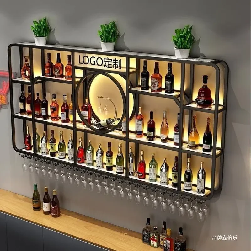 Wrought Iron Wall Mounted Wine Rack Luminous Display Shelf for Bar Counter Restaurant Background Storage Cabinet