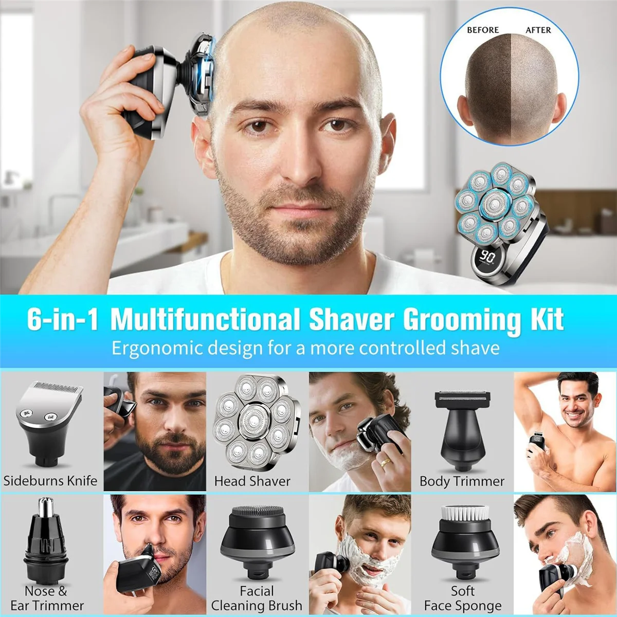 Head Shaver, 9D Electric Razor IP67 Waterproof Men's Rotary Head Beard Shaver with LED Display, Electric Shaver for Men