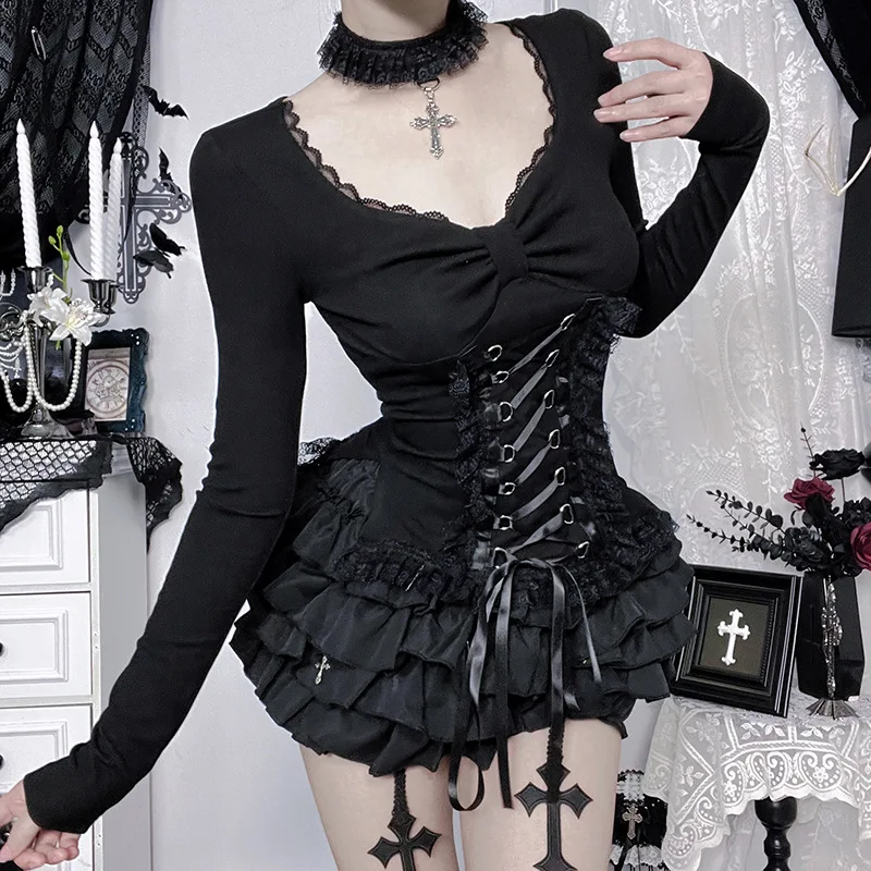 

Lolita Long Sleeve Bandage Lace Up Lace Trim Tops for Women Mall Gothic Slim T-shirts Sexy Club Top Tees Coquette