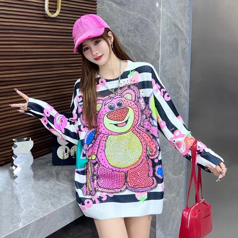 

Модный свитер европейского бренда – осенне-зимний свободный пуловер с цветными стразами и розовым медведем, повседневный топ с круглым вырезом