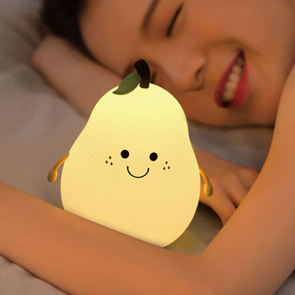 Nieuw Peer Fruit Siliconen Nachtlampje 7 Kleuren Dimmen Touch Usb Oplaadbare Cartoon Bedlampje Slaapkamer Decor Schattig Kid Cadeau