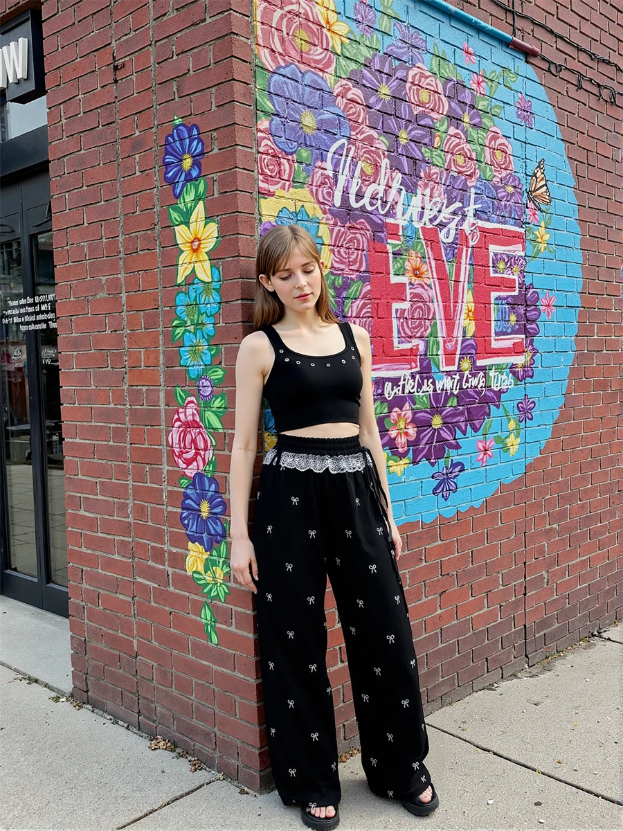 Pantaloni palazzo da donna con lacci larghi autunno orlo arricciato donna femminile chic moda a vita alta gamba dritta elegante casual unico