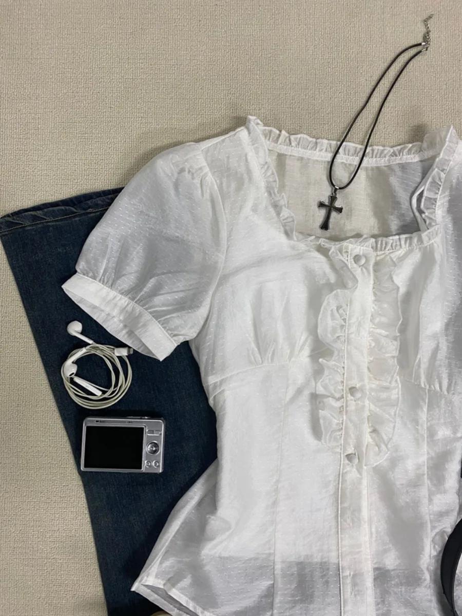 BaoYao Girl Original White Wood ain Ruffle Square Collar ort Sve irt Women Summer Design Sensation Small irt