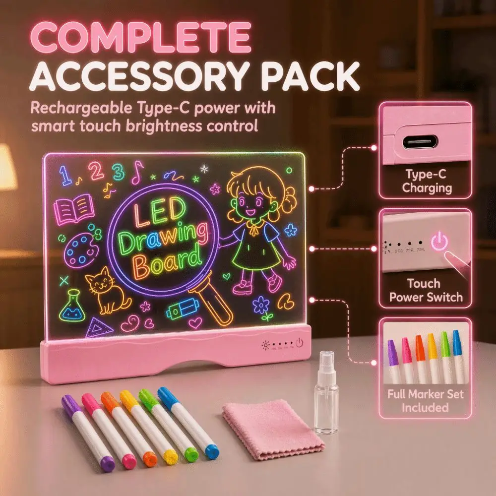 Rechargeable LED Light Drawing Board Erasable Smooth Surface Glow Sketch Pad Type-C Charging Touch Control