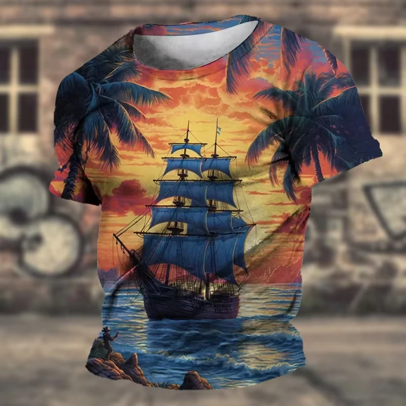 Vintage Men's T-shirts 3D Print Sea Sailing Scenery Graphic Oversized Street Outdoor Casual T Shirt Retro Short-sleeve Tops