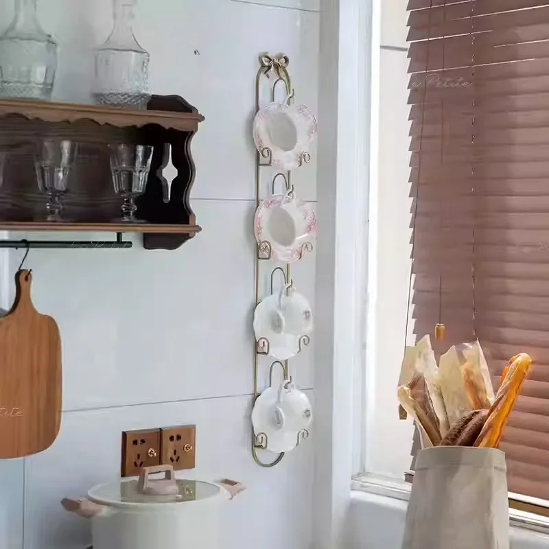 Vintage Vertical Wall Mounted Decorative Rack, Bow Design Alloy Plate Holder, Cup Display Organizer for Kitchen and Home Decor