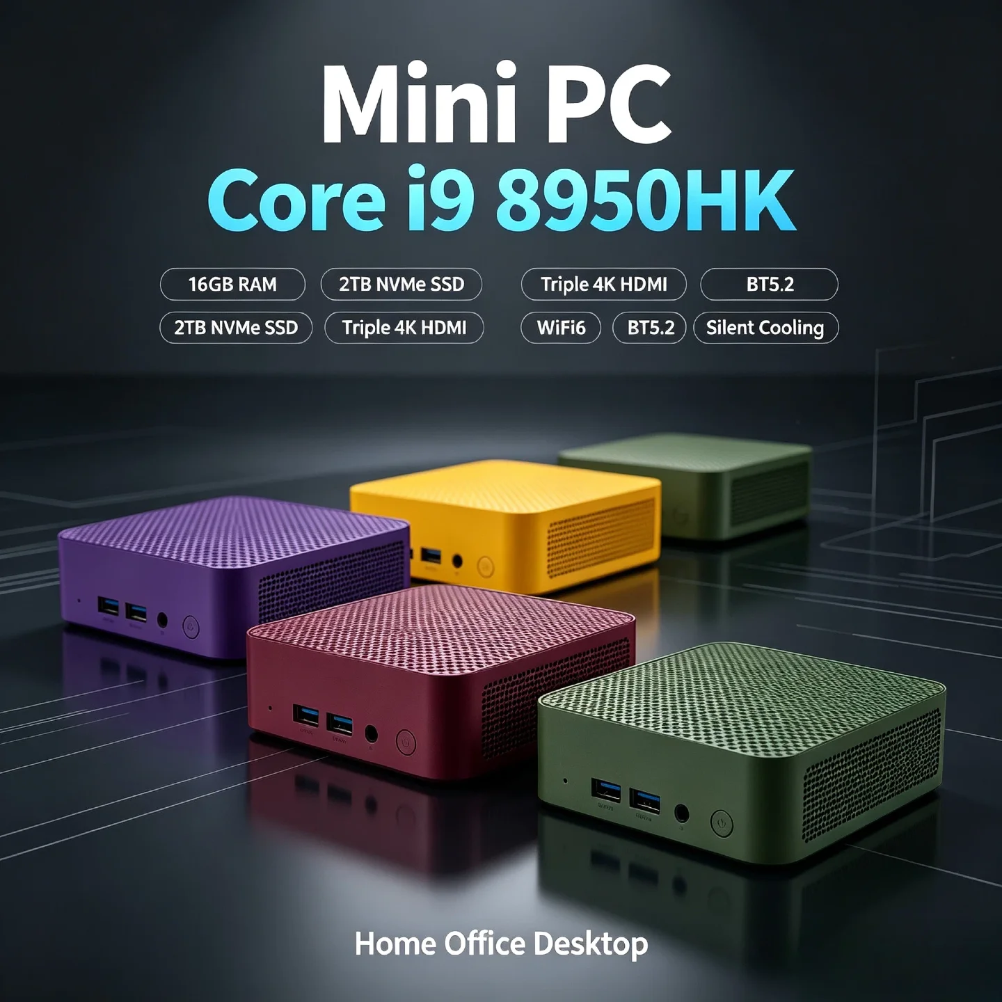 Intel Core i9 8950HK High Performance Mini PC 16GB RAM 2TB NVMe SSD Triple 4K Screen WiFi6 Silent Cooling Office Computer Pro