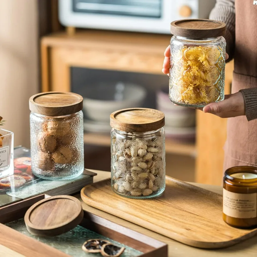 Snminetal خمر الزجاج المطبخ تخزين مكافحة جرة المطبخ والمخزن الزجاجي مع غطاء خشبي محكم لملفات تعريف الارتباط الحلوى C