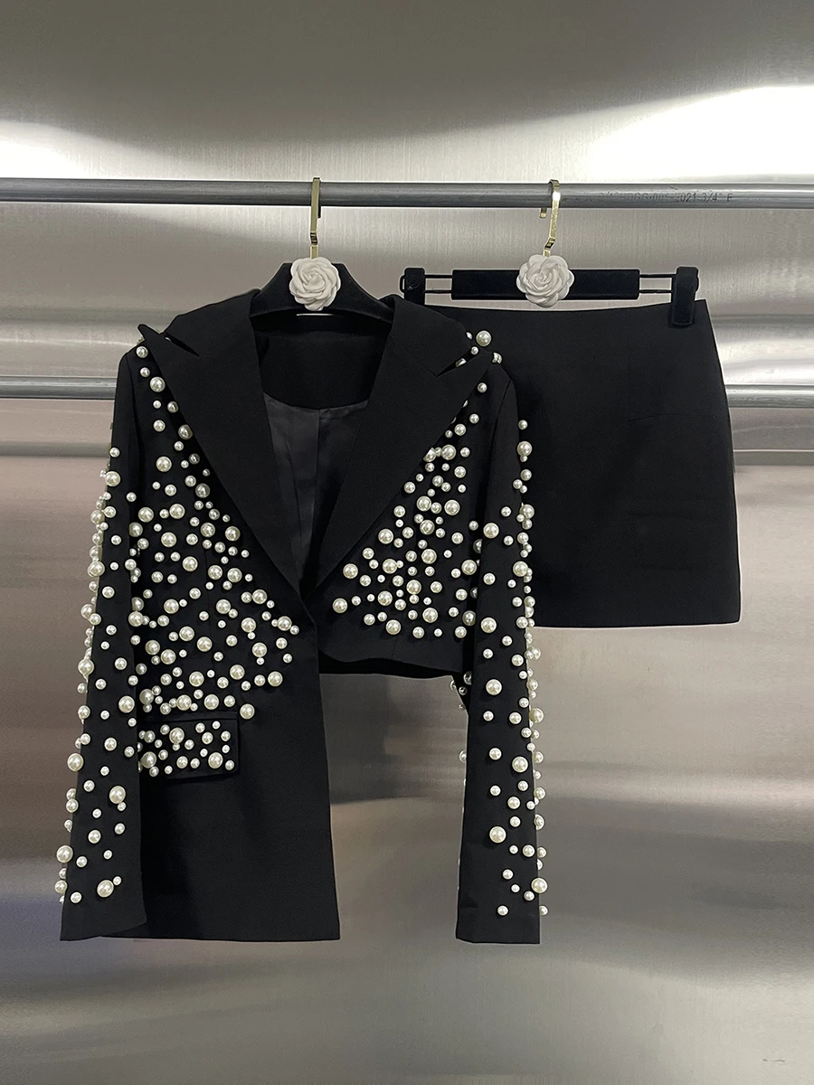 GALCAUR Solid Spliced Pearls Two Piece Set Female Lapel Long Sleeve Top Irregular Elegant Women's Skirt Sets Fashion Autumn New