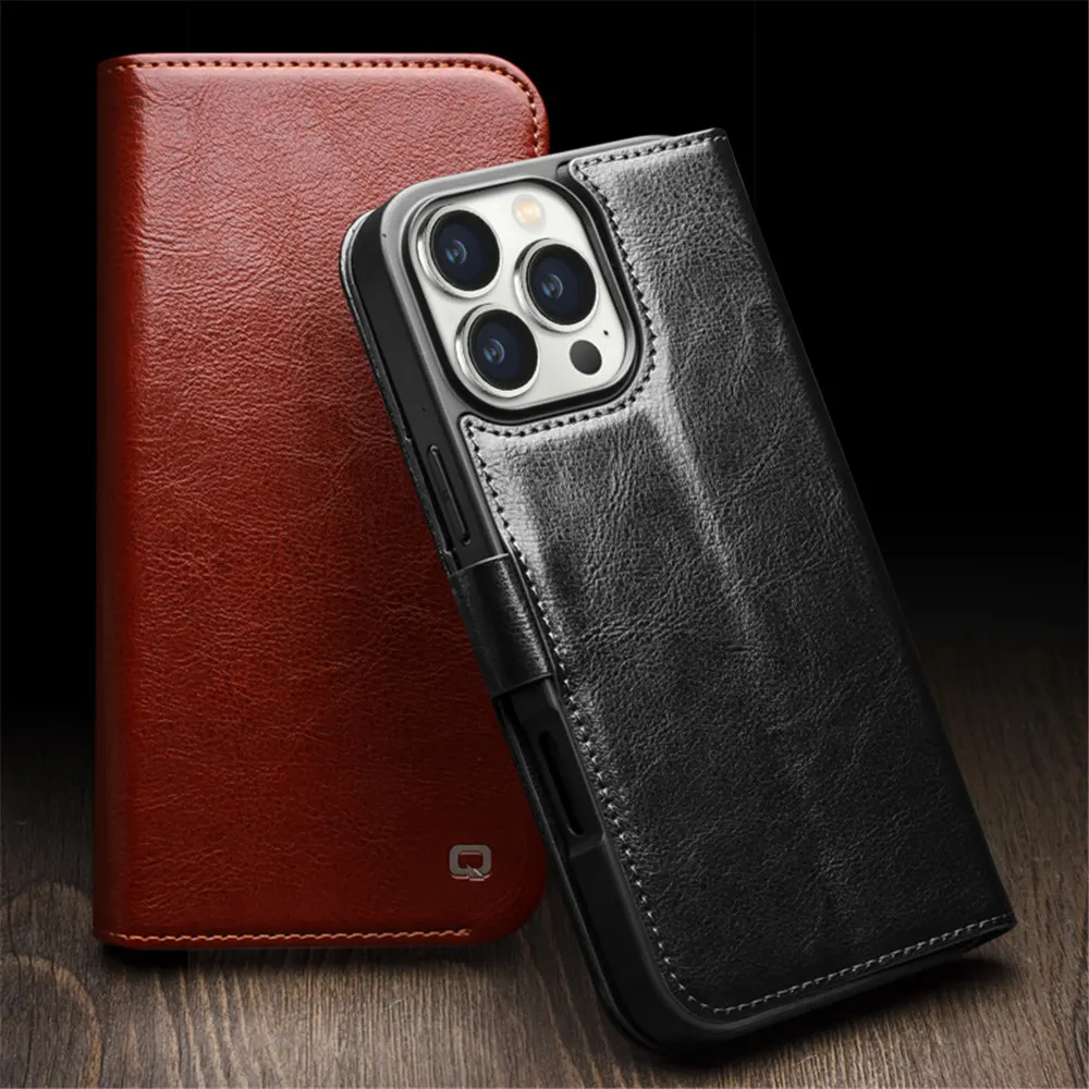 Qialino Genuine Cowhide Leather Magnetic Flip Case for iPhone 16 Pro Max 16 Card Pocket Cover