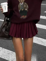 KONDALA Vintage Casual Chic Burgundy Women Skirt Solid Zippers Short Pleated Skirt Fashion 2025 Autumn Y2K Girl Mini Skirt