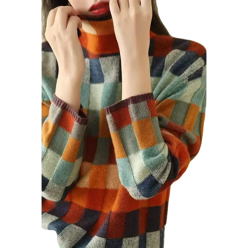 Winter Knitted Women Sweater Plaid Korean Fashion 2024 Turtleneck Long Sleeve Y2K Pullover Soft and Comfortable Sweaters