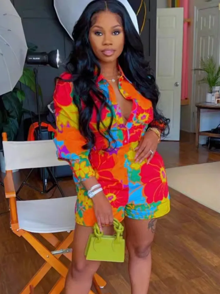 Printed 2 Piece Sets Women Outfit Summer Fashion Casual Beach Vacation Flower Print Long Sleeve Shirt And Shorts Two Piece Set