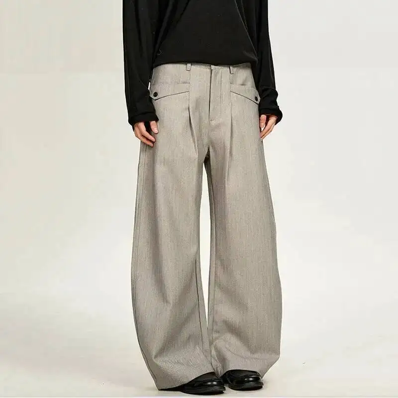 American Style Grey Boot Cut Men's Suit Pants Old Money Style Double Pleat Design Loose Casual Floor Length Trousers 9X20YD