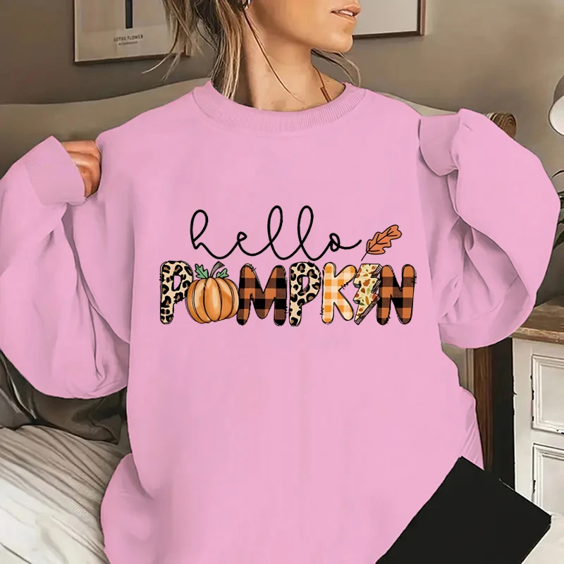 Hello Pumpkin Print Sweatshirt Funny Autumn Winter Leopard Pumpkins Sweatshirts Ladies Casual Round Neck Plus Size Pullovers