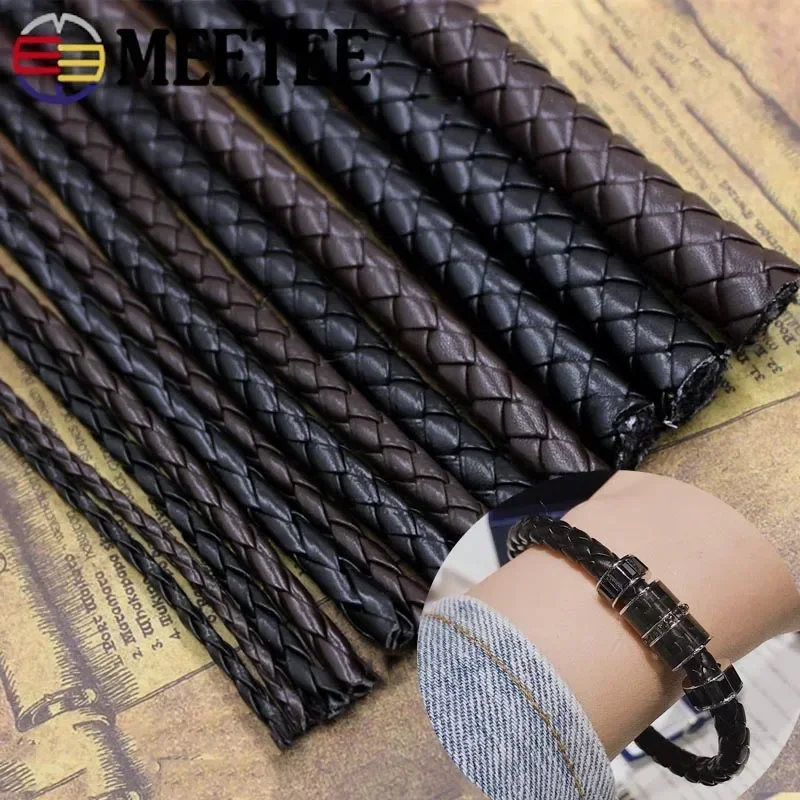 5Meters Meetee 3/4/5/6/7/8/10/12mm PU Woven Cord Round Leather Rope for DIY Handbag Key Chain Decor Bracelet Crafts Accessories