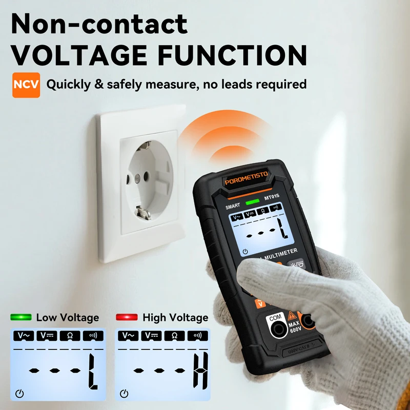 POROMETISTO MT01S Digital Multimeter 4000 Counts Auto-Range Multitester 0.8-600V AC/DC Voltage Ohm NCV Continuity Tester Tool