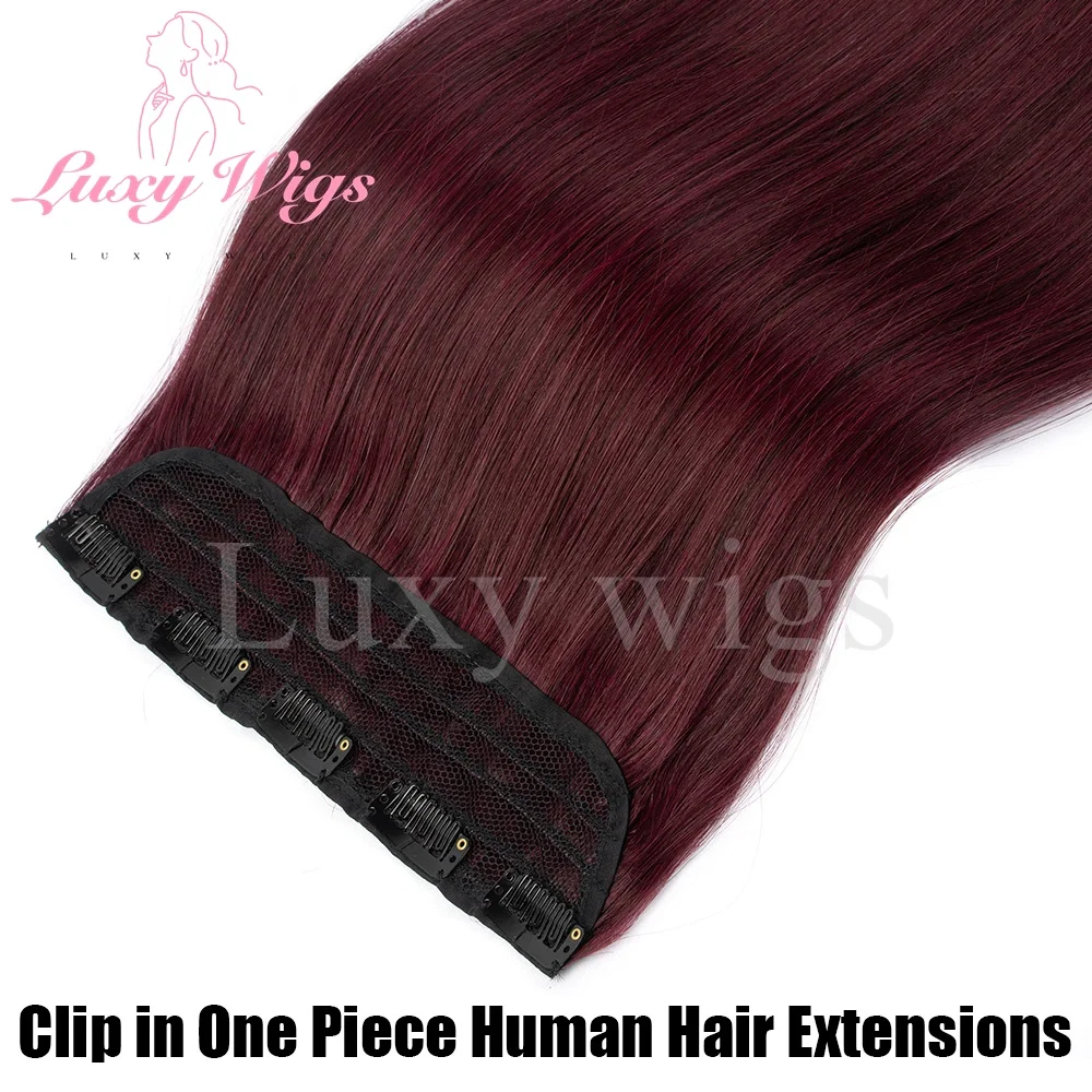 مشبك بورجوندي في قطعة واحدة وصلات شعر بشري بمشبك لحمة شعر بشري في قطعة شعر مستقيمة من الحرير البني الطبيعي للنساء
