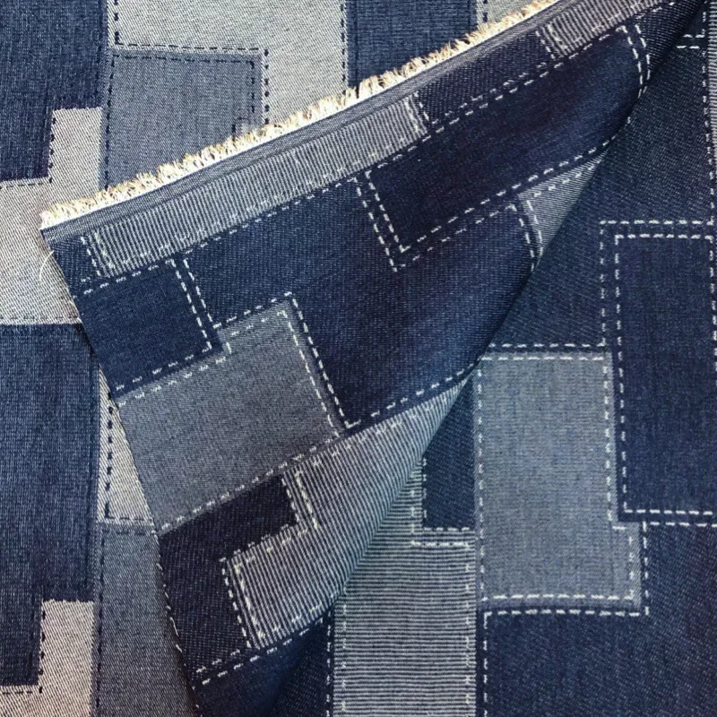 ヴィンテージウォッシュデニム生地,長方形チェック柄,ジャカードソーイングジャケット,ドレス,パンツ,チェック柄スプライス,90cm