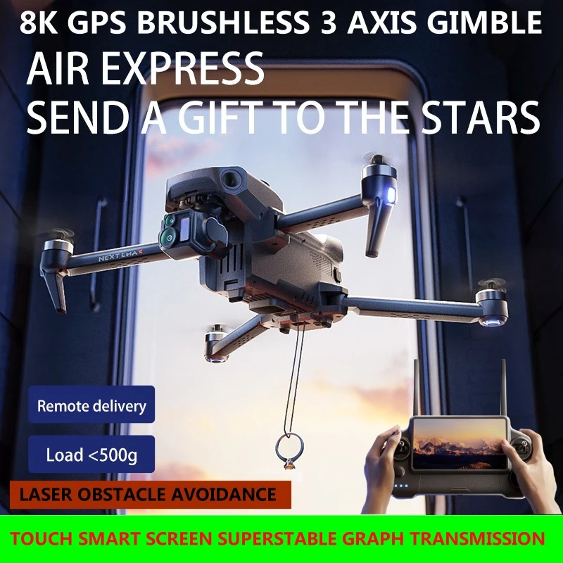 8K Brushless 3 Axis Gimble Touch Screen Remote Control Quadcopter 5KM Auto Airdrop Obstacle Avoidance GPS Return FPV RC Drone